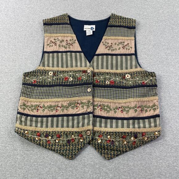 VTG Paul Harris Floral Embroidered Vest Womens M Patchwork Stripe Boho Cottage - Picture 11 of 11
